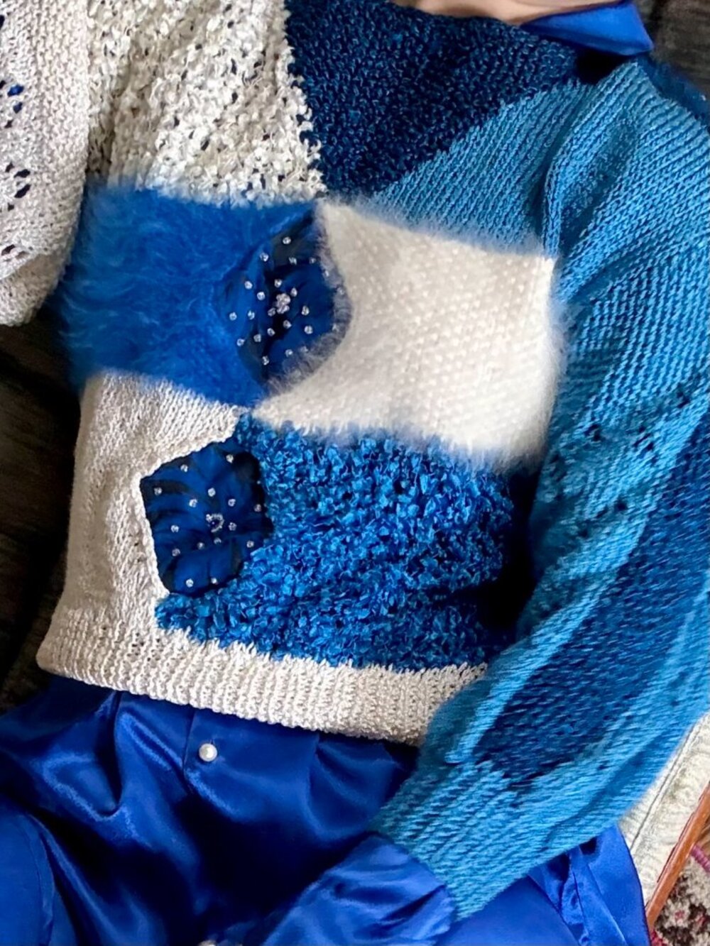 Vintage Patchwork Knit Sweater Medium Maximalist Leslie Long Eclectic Grandpa